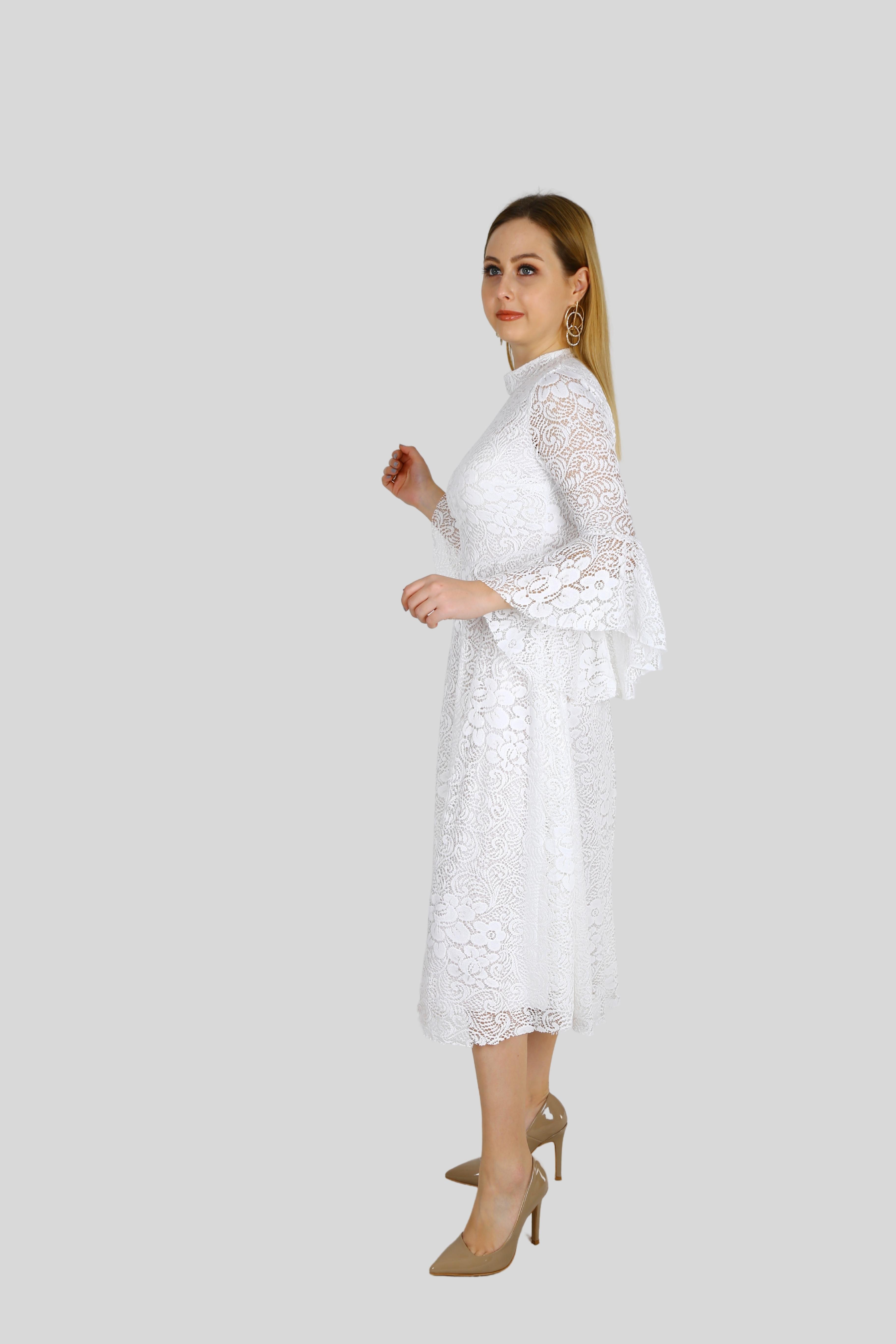 Aisha İspanyol Kol Beyaz Güpürlü Abiye Elbise (0194)
